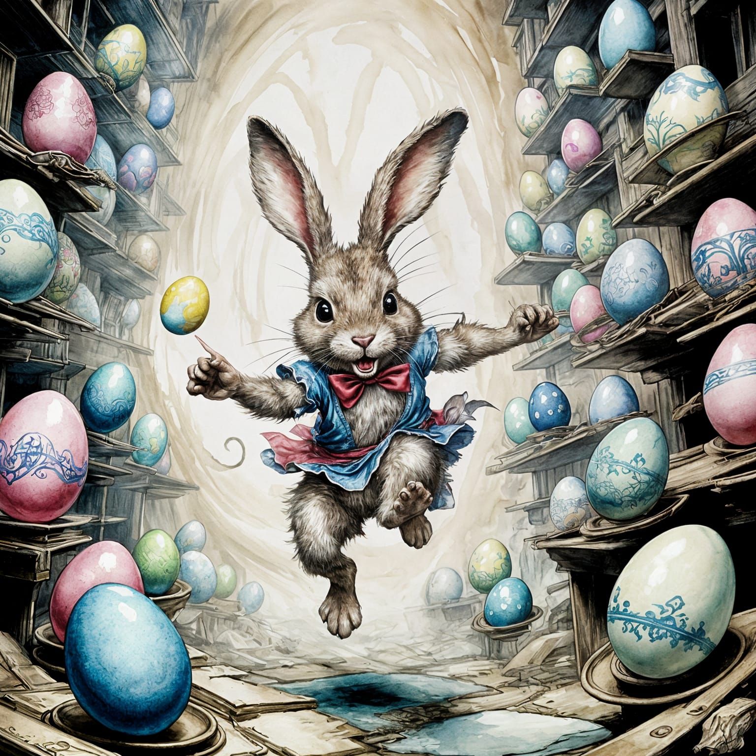 A playful twist, of a easterv bunny rabbit running an egg-pa...