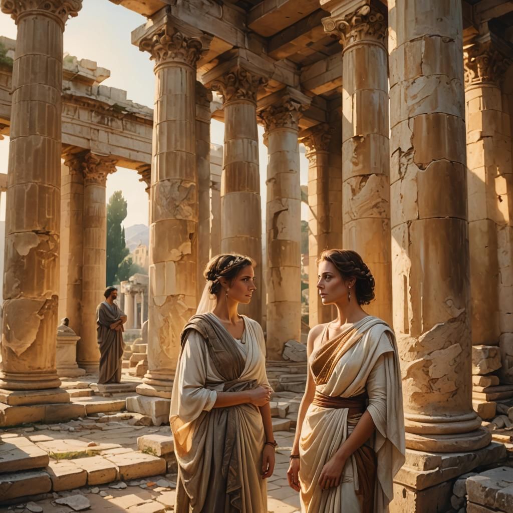 Classical Painting of a Man and Woman in Ancient Temple