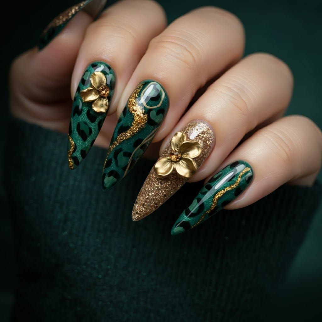 Bold Cheetah Nail Art with Gold and 3D Flowers
