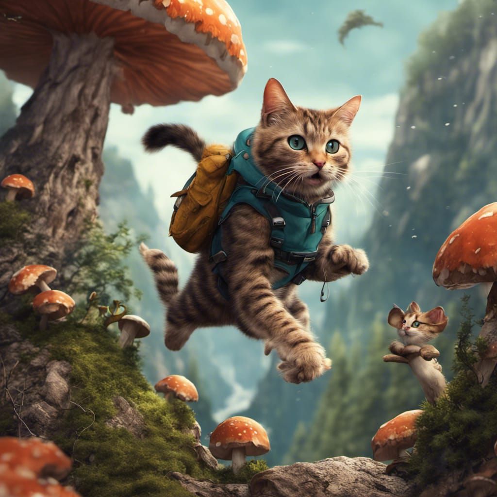 Cat's Mushroom Trampoline Adventure: Fantasy Art