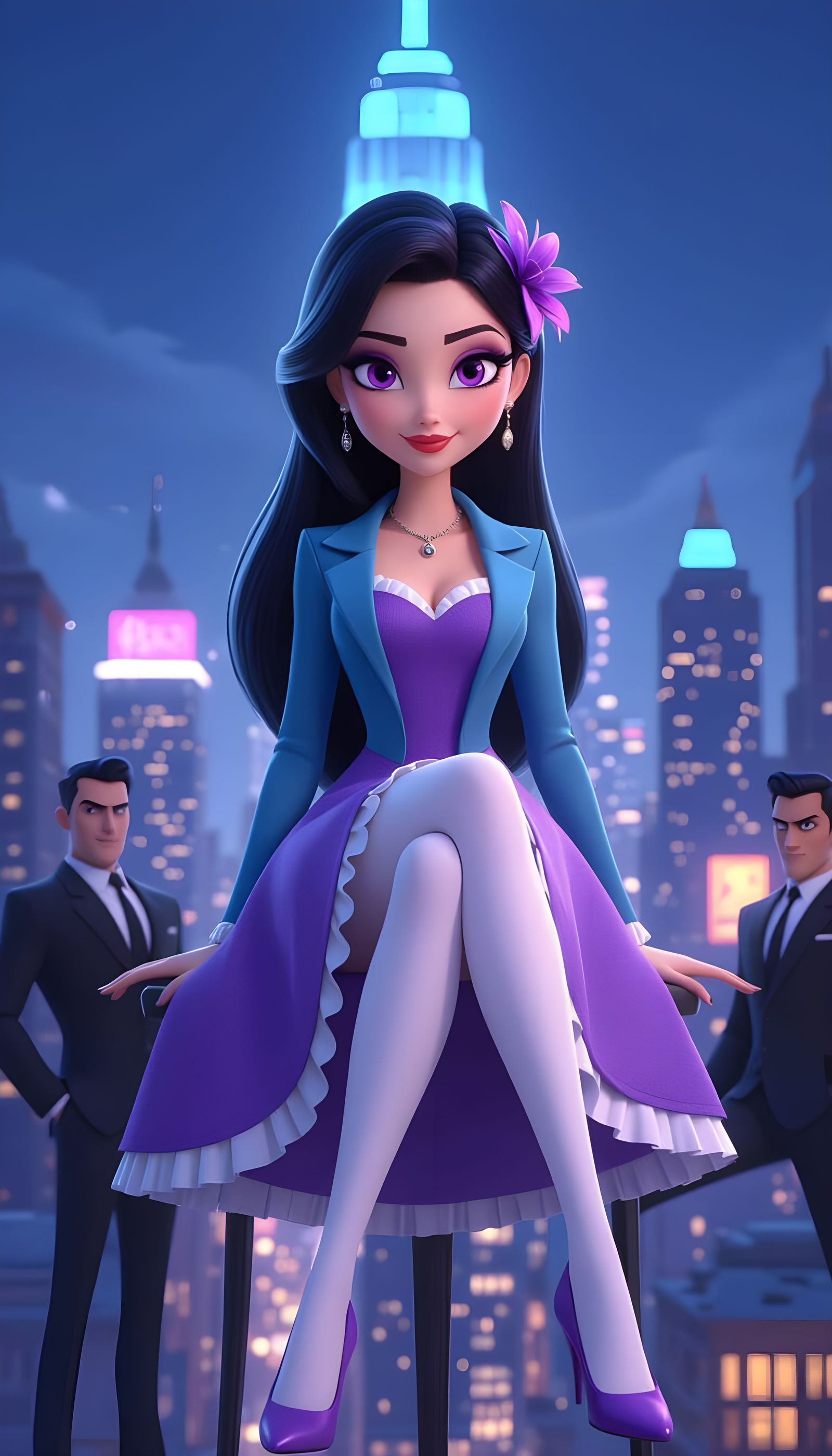 Pixar Style Woman in Cityscape with Bodyguards