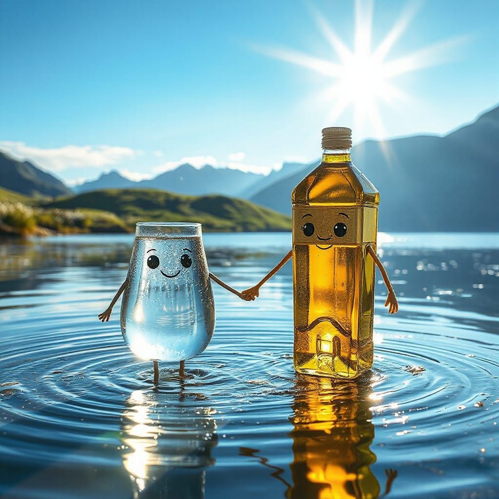 Oil and Water Hold Hands in Serene Landscape