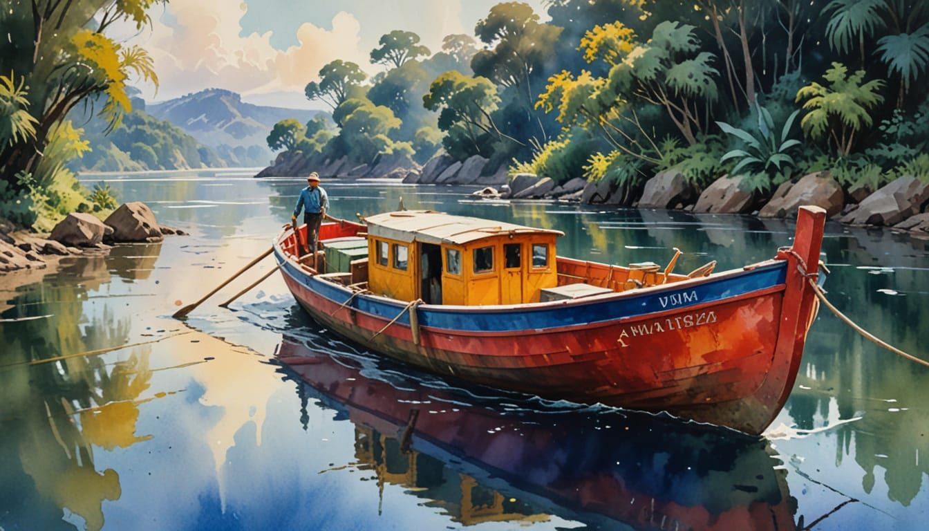 Old Steamboat "The Wanderer" on a Lush Jungle River