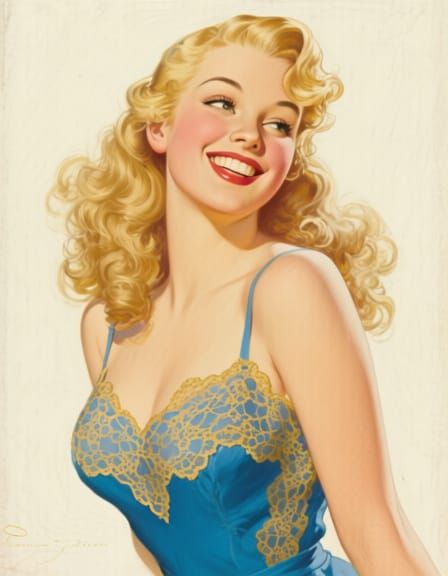 Smiling Blonde Woman in Blue and Gold Lace Dress