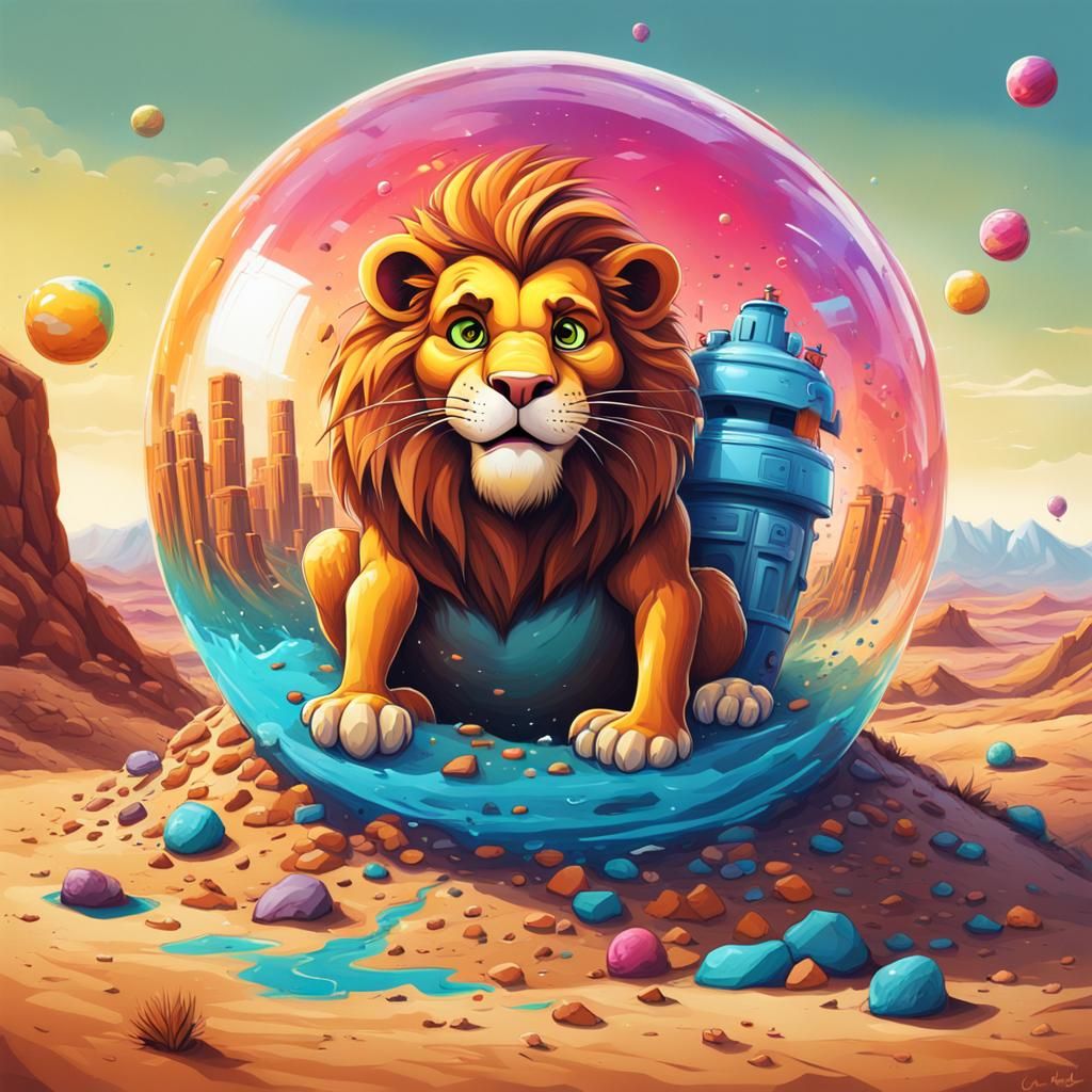 Cartoon Lion Finds Hamster Ball in Desert, Graffiti Art