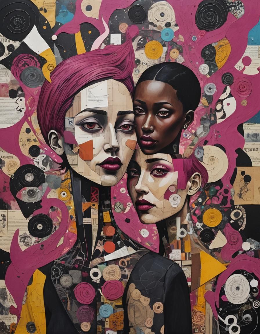 Vibrant Folk Art Collage of Woman and Man