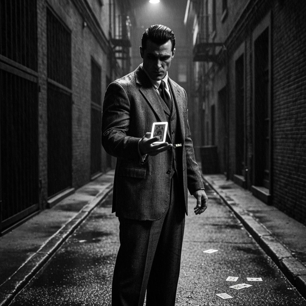Noir Gangster Tossing Cards in Black and White
