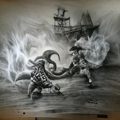 Pirate Ship vs Kraken: Charcoal Drawing