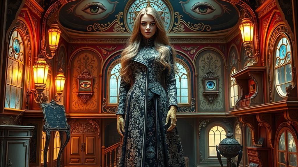 Elegant Woman in Ornate Dollhouse Setting