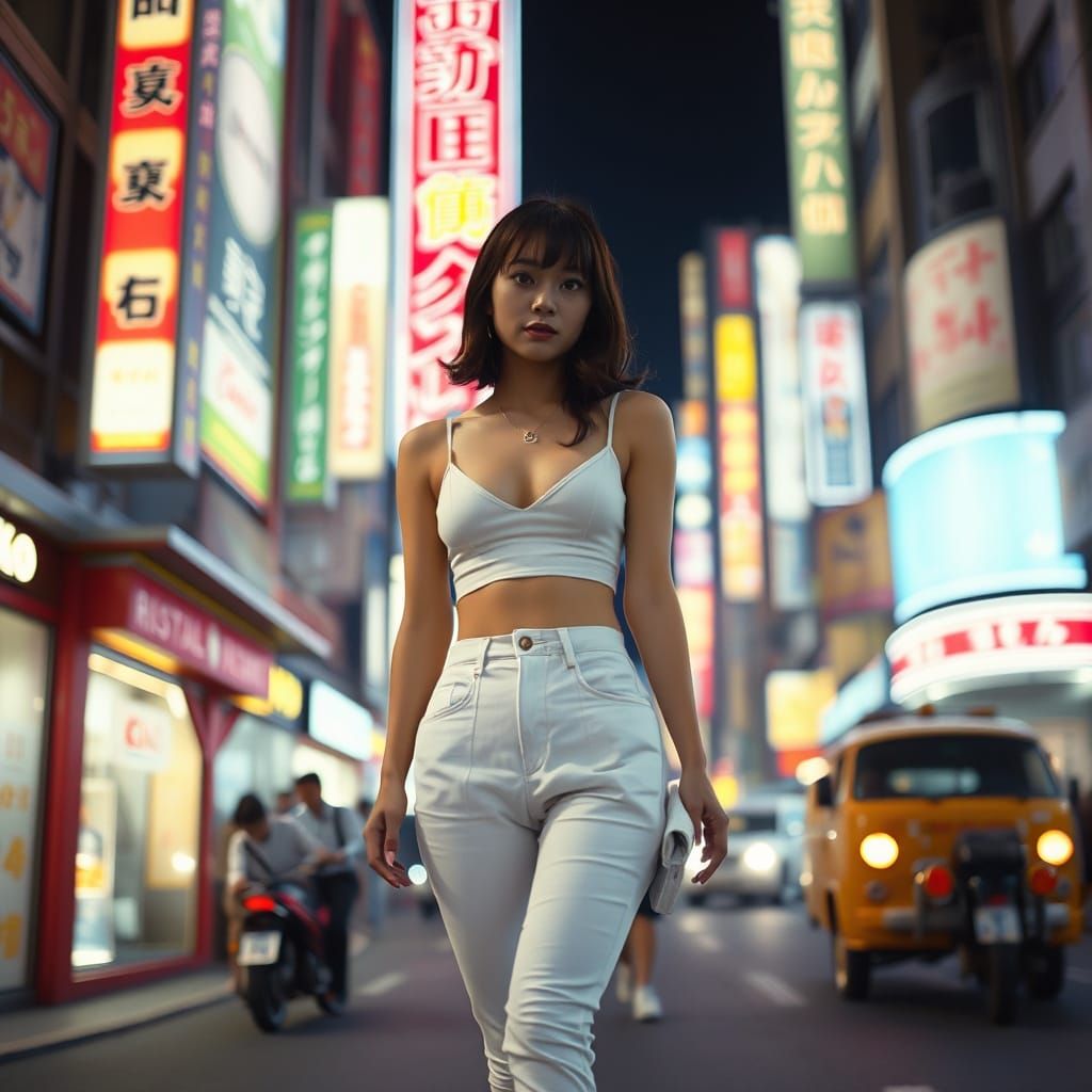 Neon Tokyo Street Scene with Japanese Woman