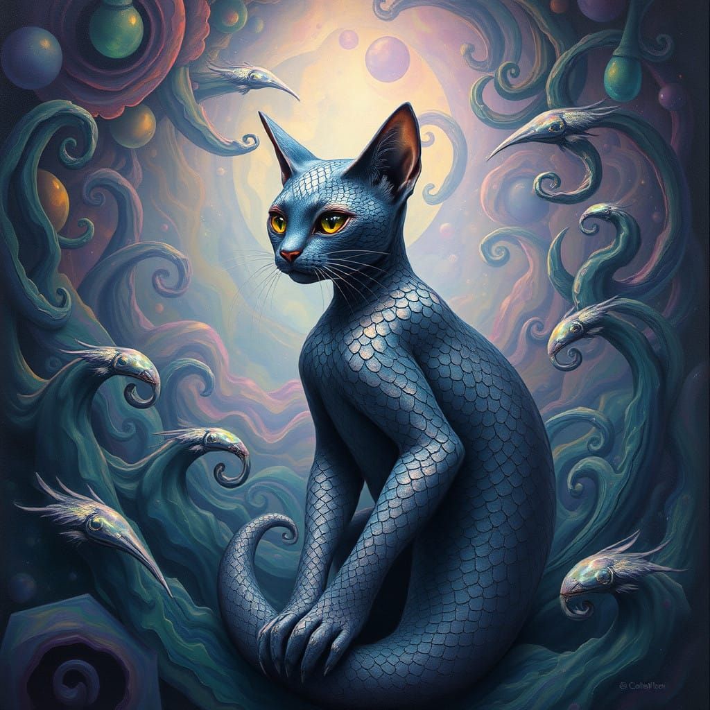 Surreal Eel Cat in Mystical, Dreamlike Environment, Oil Pain...