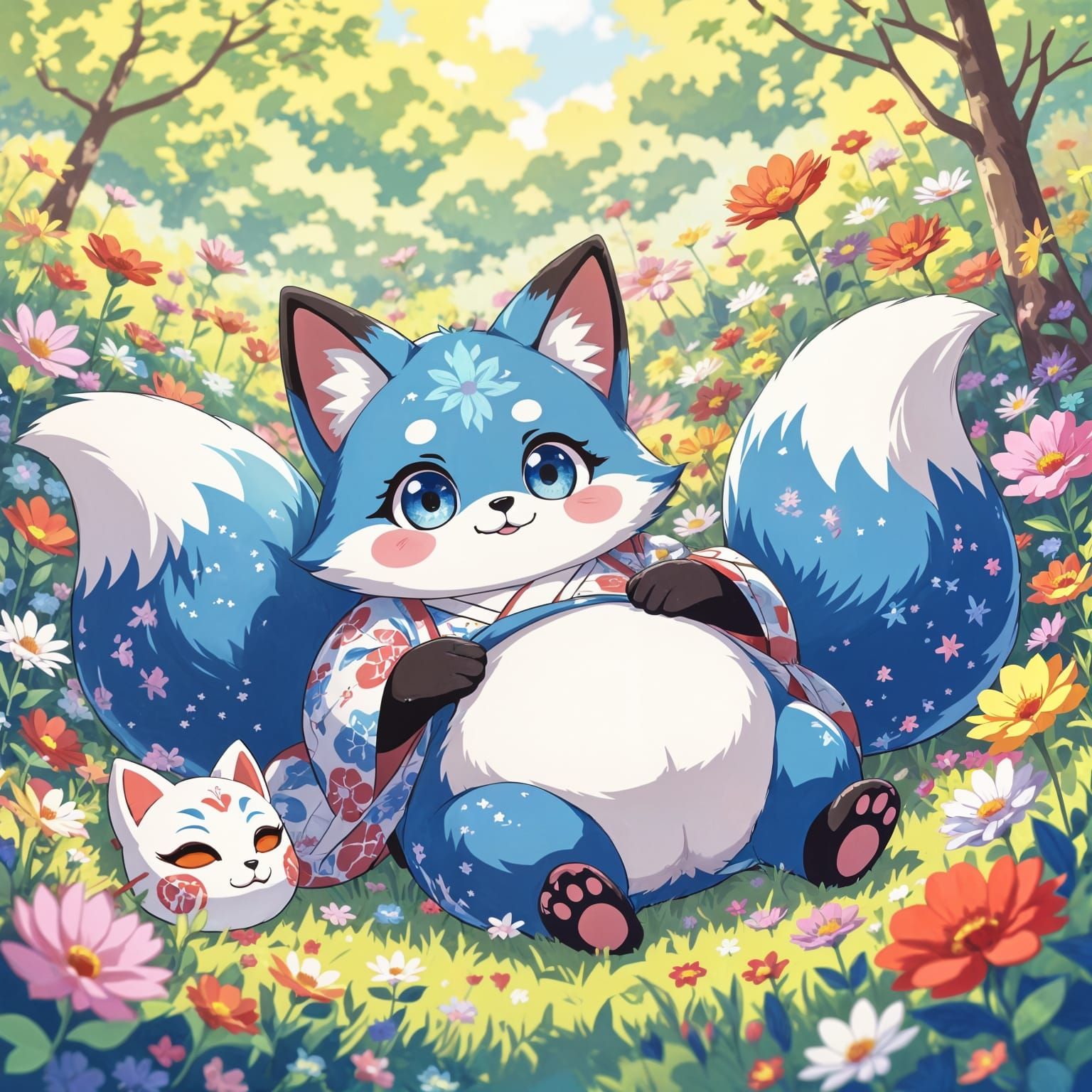 Cute Galaxy Fox in Ghibli Flower Garden