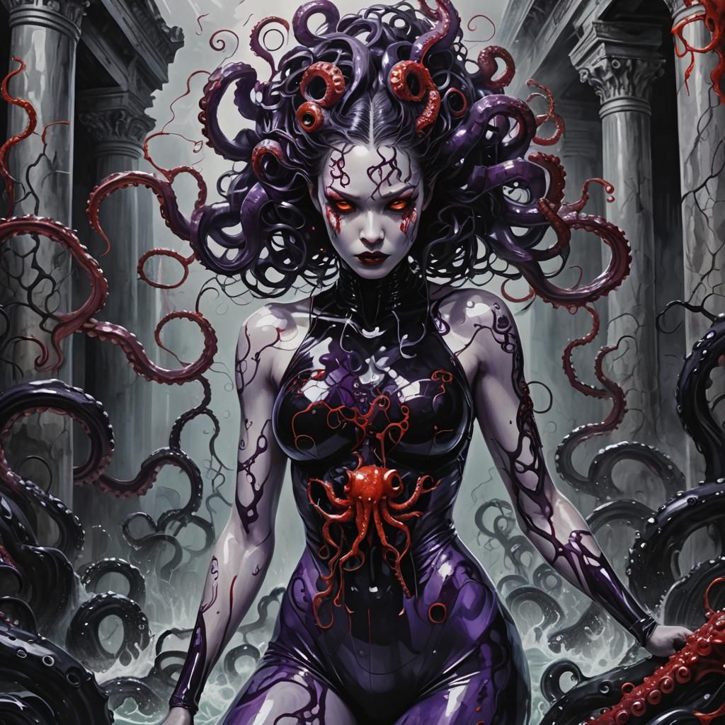 Enraged Octopus-Woman Hybrid in Submerged Temple