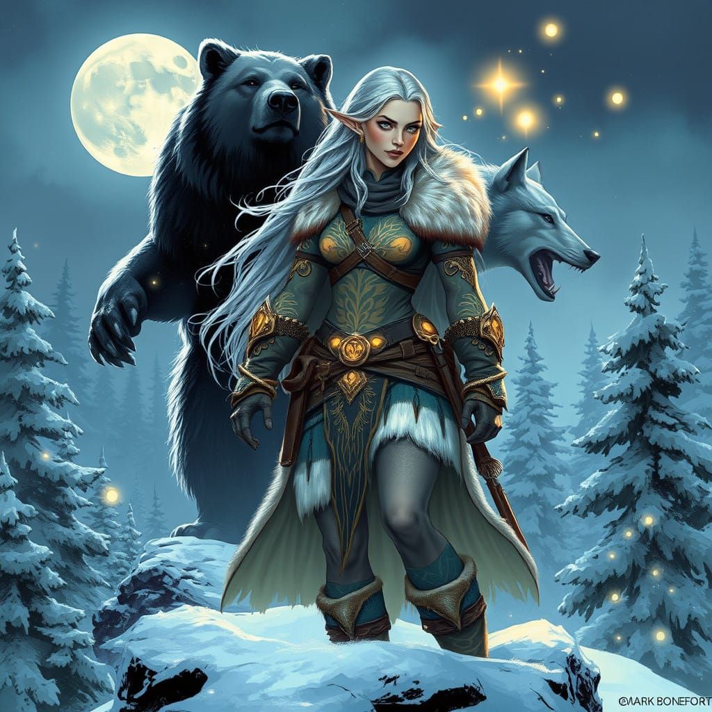 Elven Warden Surveys Frosty Landscape in Moonlit Splendor