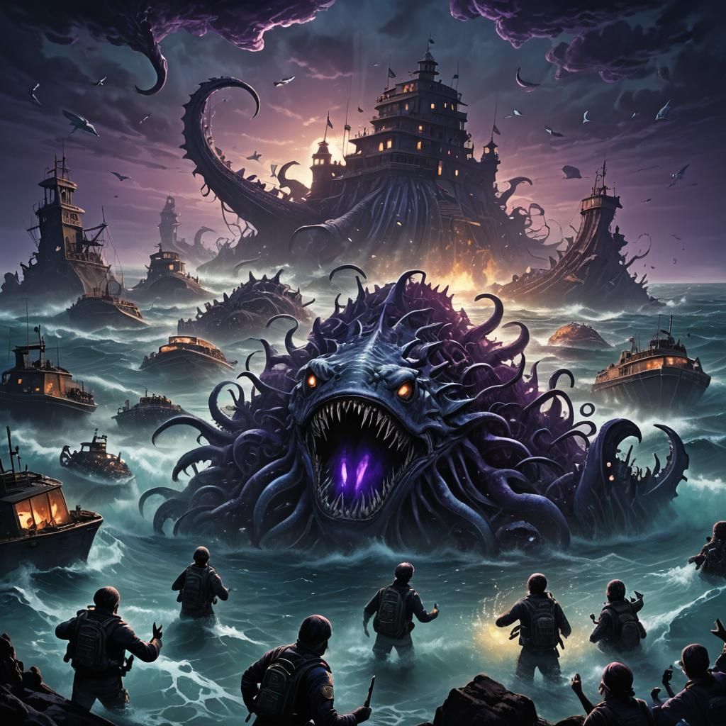 Ocean War with Bioluminescent Creatures in Surreal Style