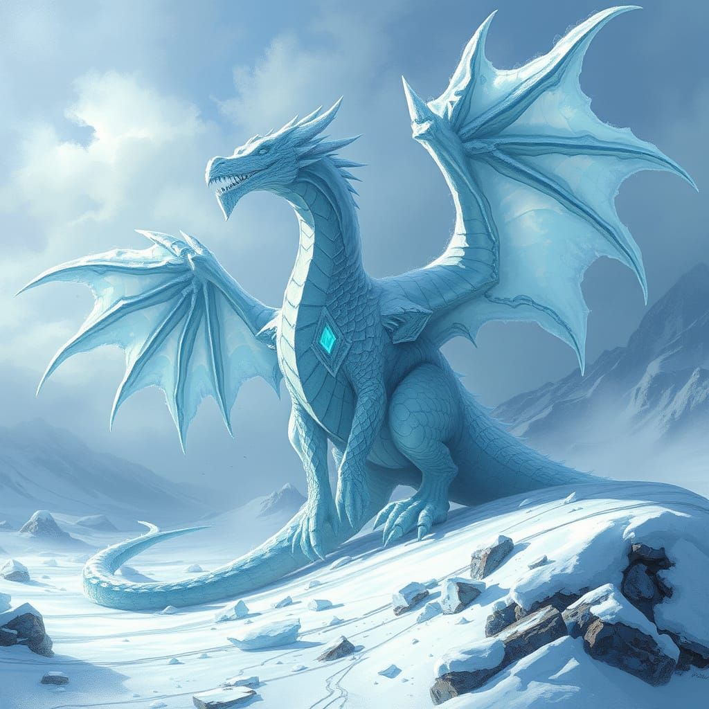 Ice Dragon Over Frozen Tundra, Digital Art