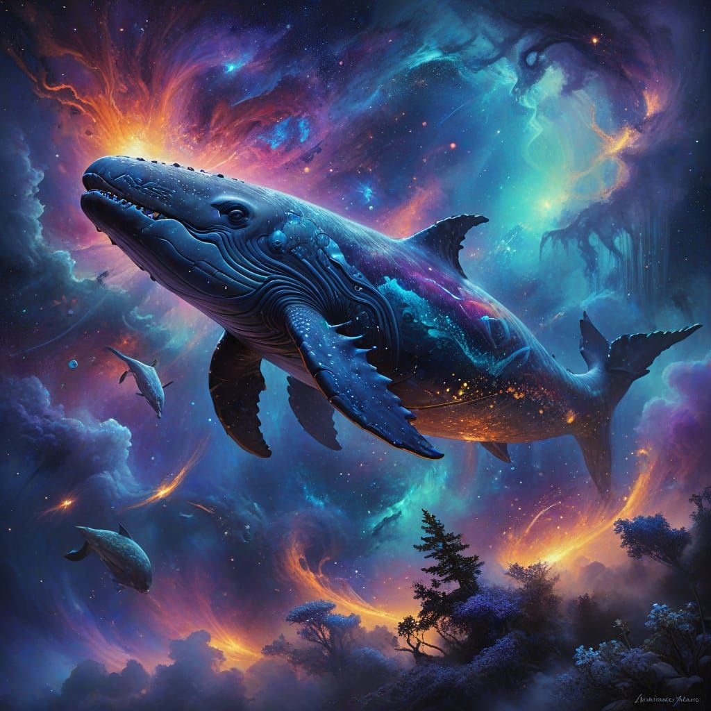 Surreal Cosmic Whale Dances Among Nebula's Vibrant Hues