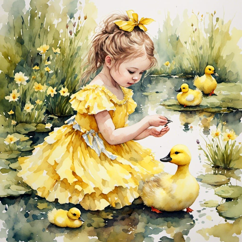 Girl Feeding Ducks in Antique Watercolor Style