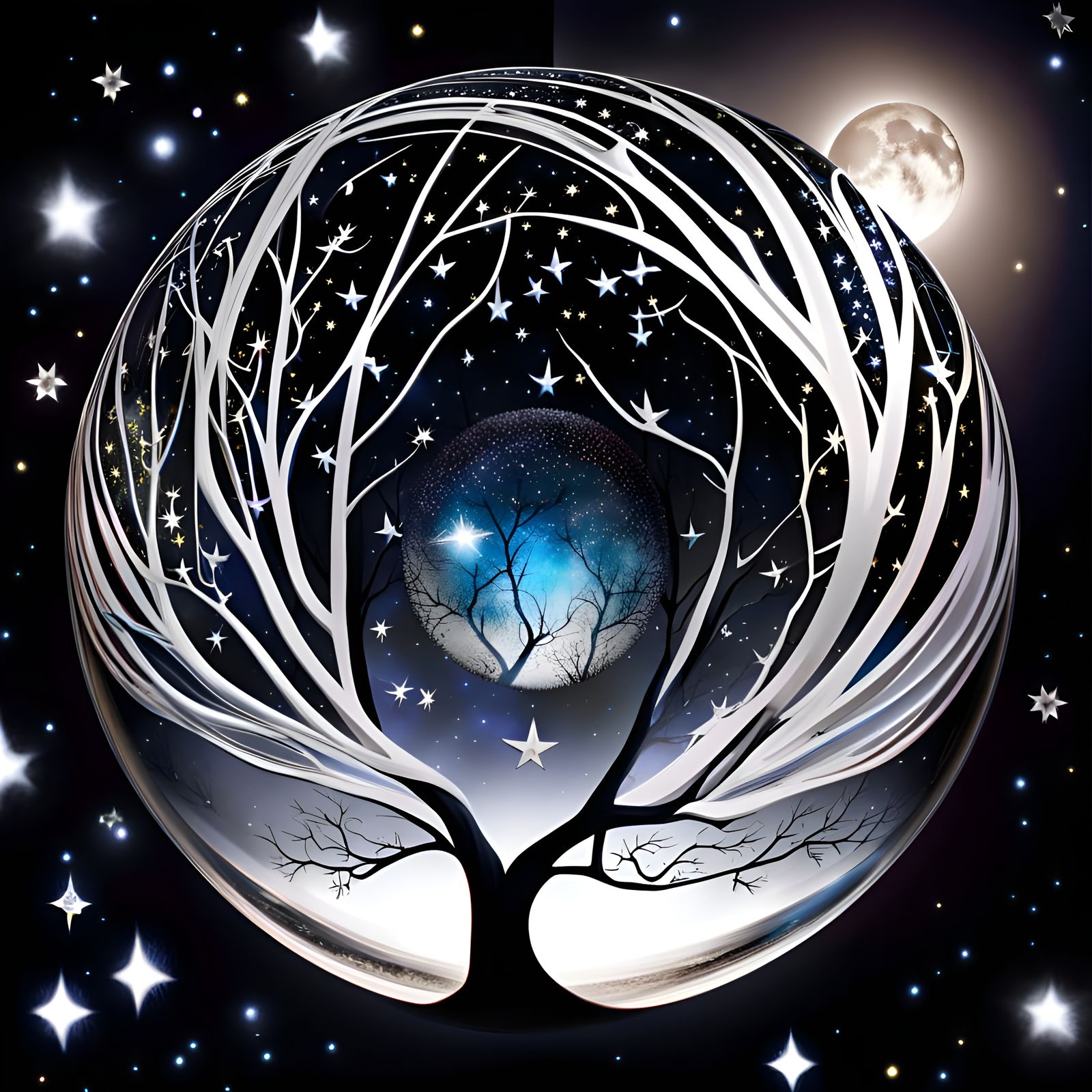 Mythical Tree in Orb with Starry Reflections