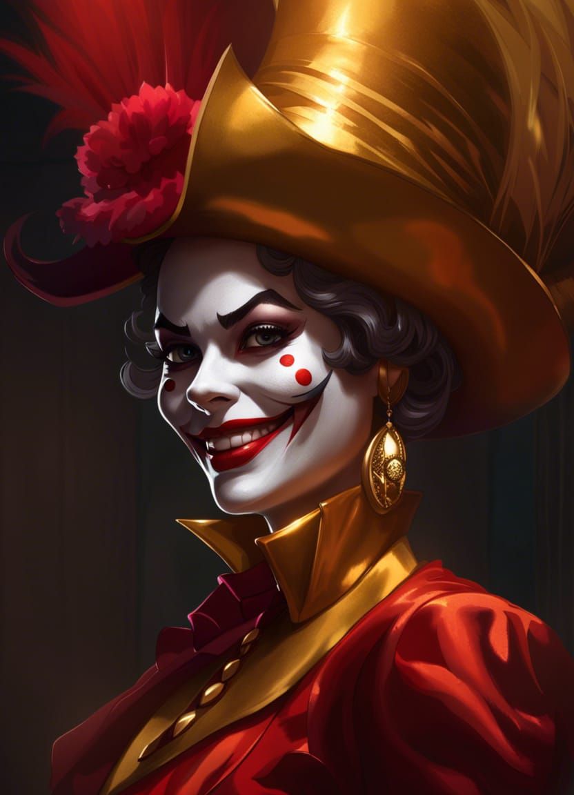 Female Joker Concept Art in Striking Gold and Red