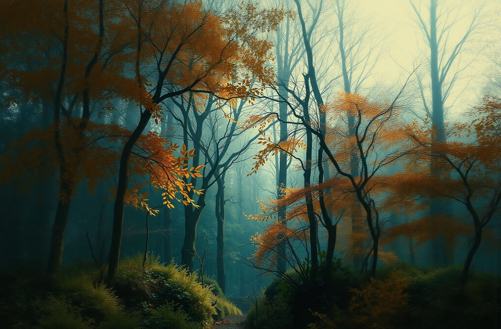 Emerald Autumn Forest Painting in Pre-Raphaelite Style