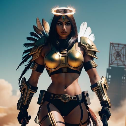 Aztec Warrior Woman in Cyberpunk Servo-Armor