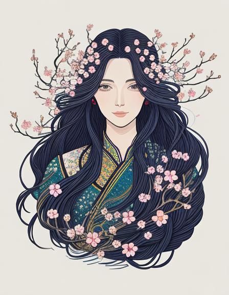 Woman in Floral Circle: Intricate Line Art