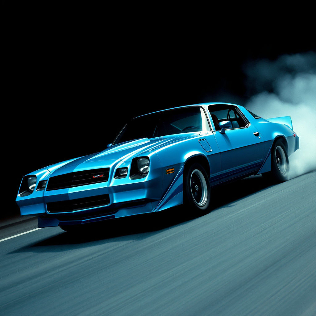 Baby Blue Camaro Drifting: Cinematic Film Still