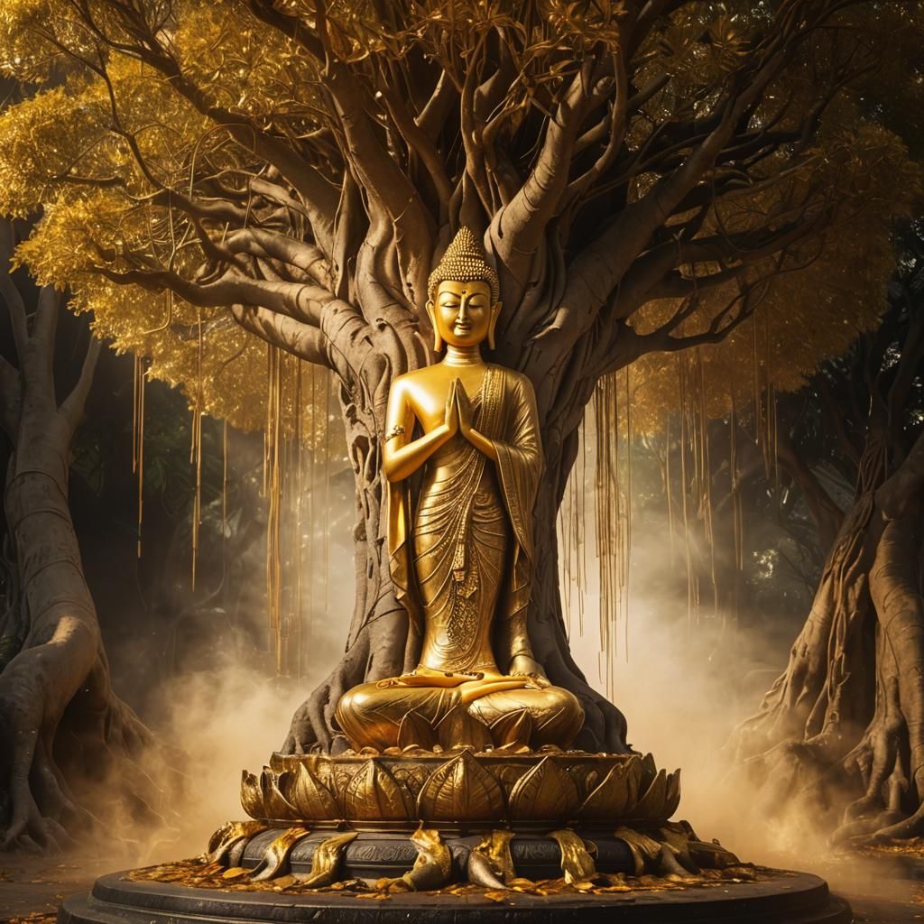 Golden Thai Buddha Statue Under Banyan Tree