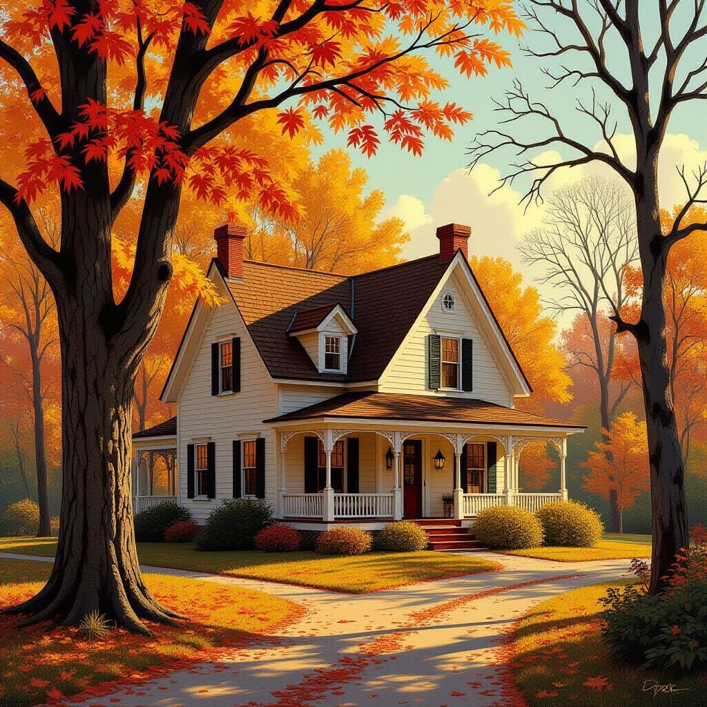 Autumnal House in Golden Light: Impressionist Folk Art