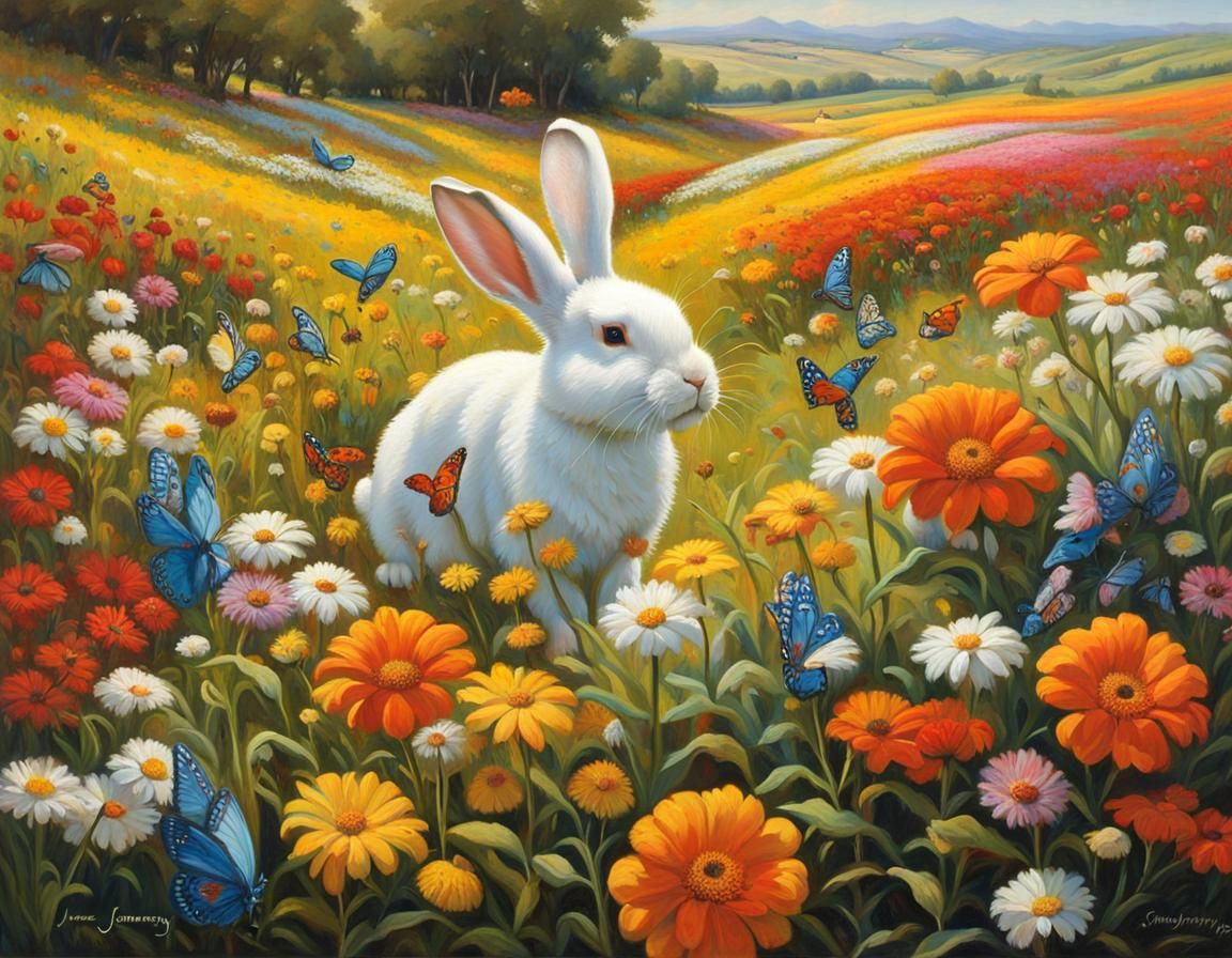White rabbit sits proudly in the fields of flowers