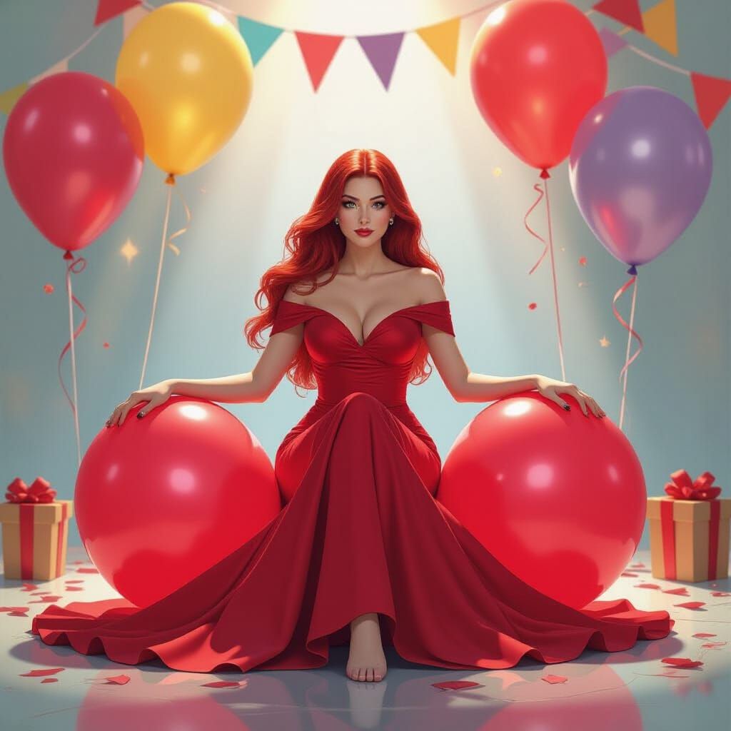 Scarlet Witch on Birthday Balloons in Whimsical Style