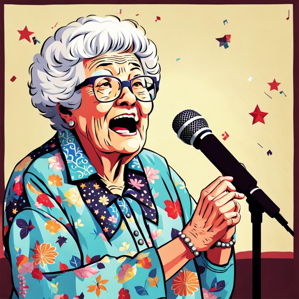 Humorous Image of Grandma Singing Karaoke