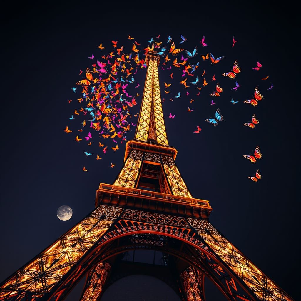 Eiffel Tower at Night with Butterflies, Dreamy Art
