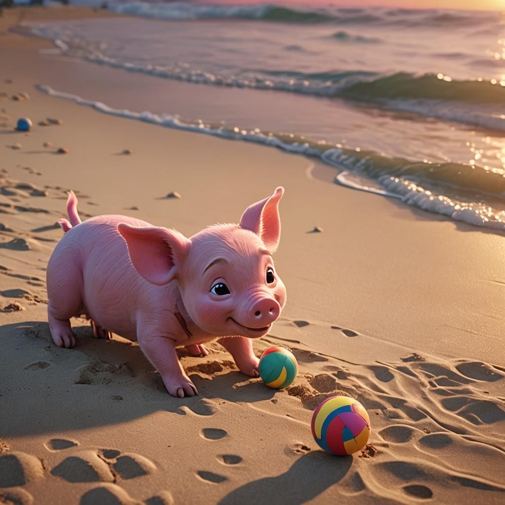 Piglet's Sunset Beach Fun: Pixar-Style 3D Art