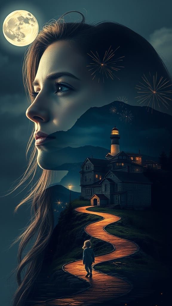 Mother Under Moonlit Dreamscape in Cinematic Double-Exposure
