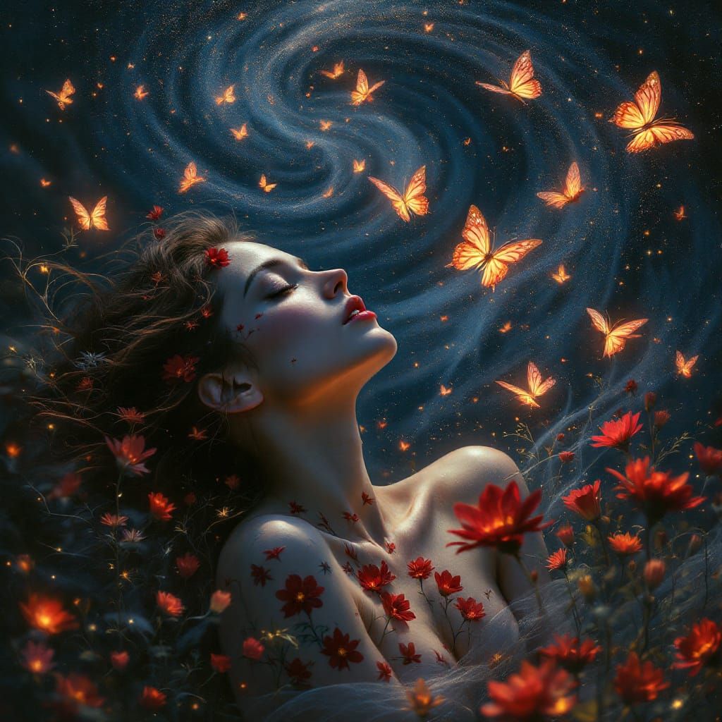 Serene Woman with Floral Tattoos in Twilight