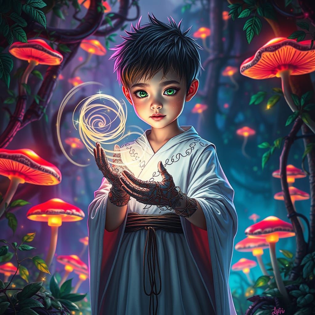 Cyberpunk Druidess in Lush Neon Forest