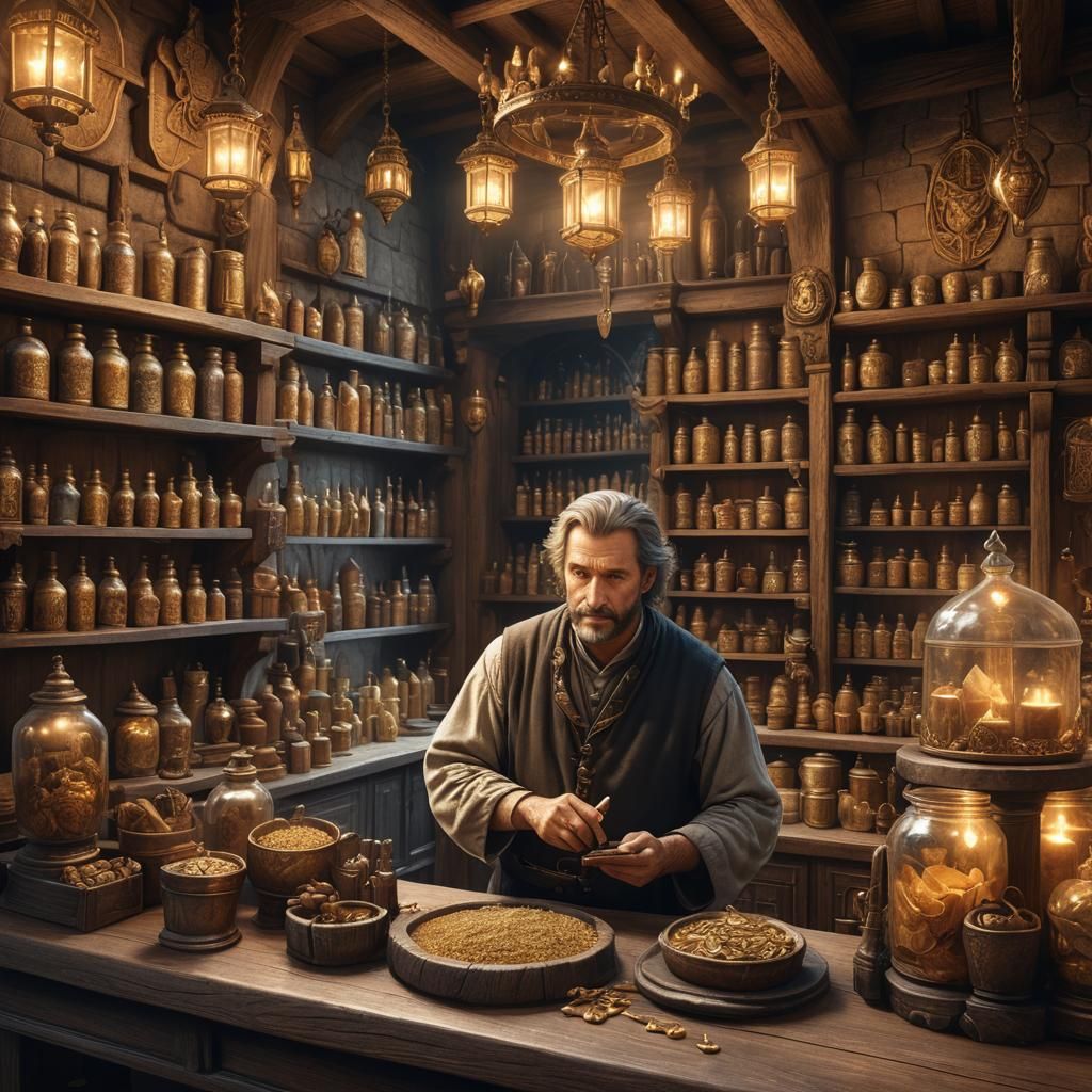 Cozy Medieval Shop Interior with Golden Lighting