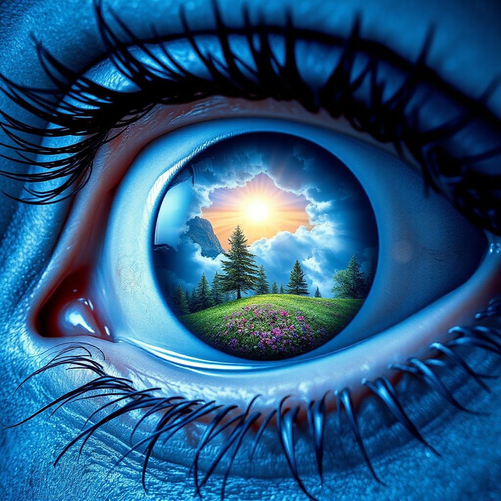 Bioluminescent Eye Reflecting Spring Landscape