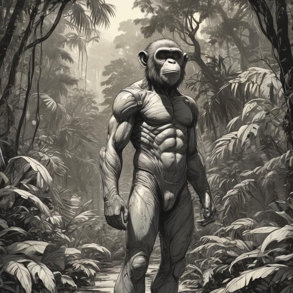 Retro Sci-Fi Man-Monkey Hybrid in Jungle
