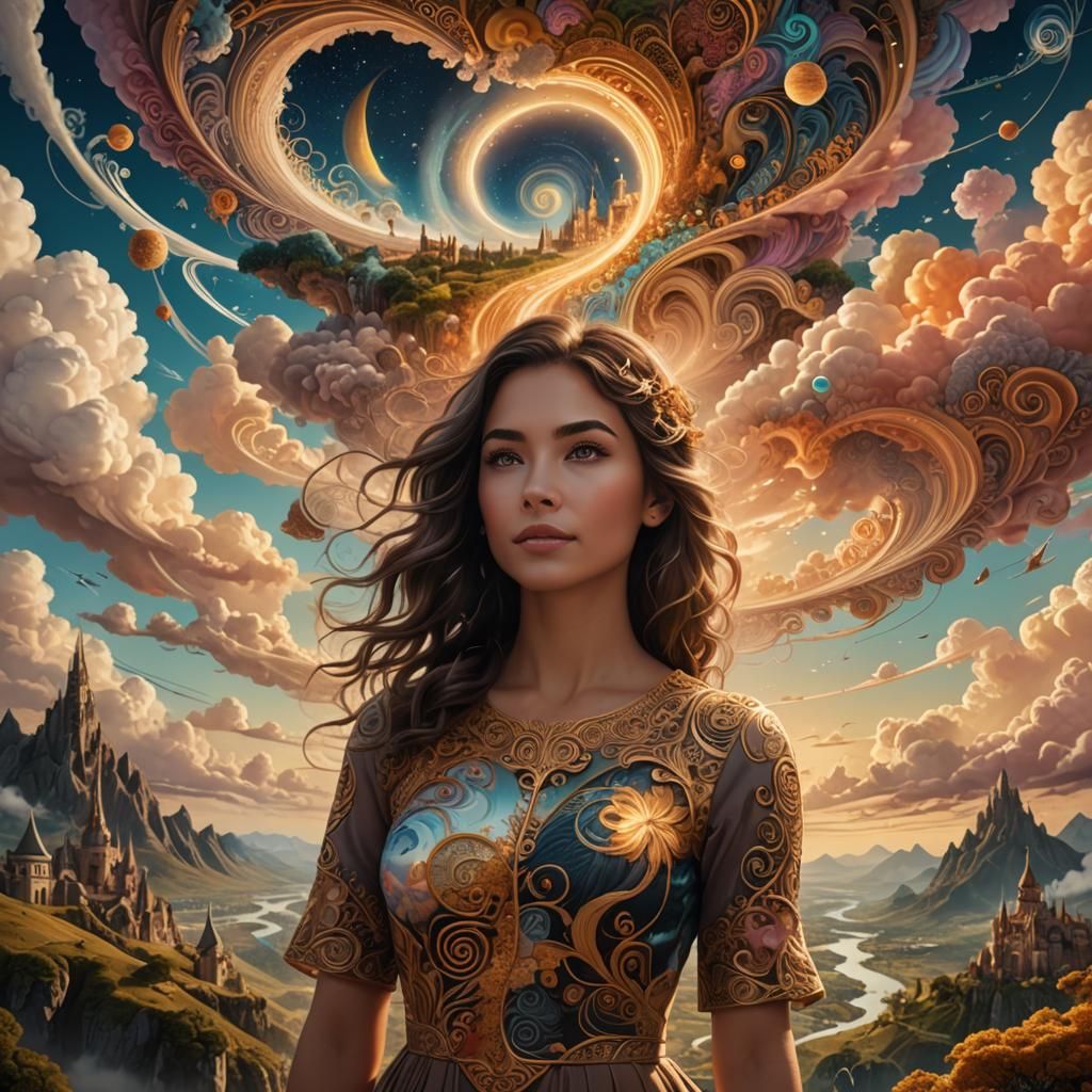 Woman in Surreal Doodle Worlds Landscape