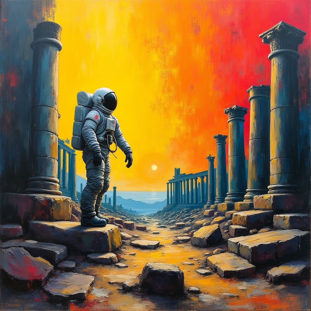 Astronaut Exploring Ruins in Expressionist Landscape
