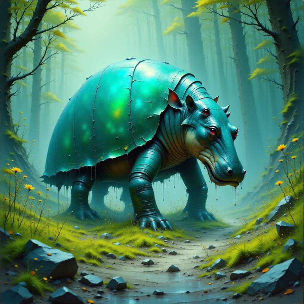 Fantastical Crab-Hippo Hybrid in Misty Dreamscape