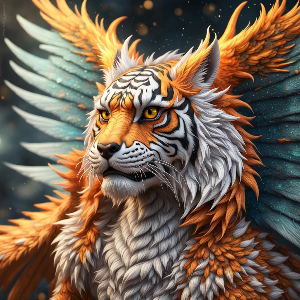 Winged Tiger-Dragon Hybrid in Breathtaking Fantasycore Style