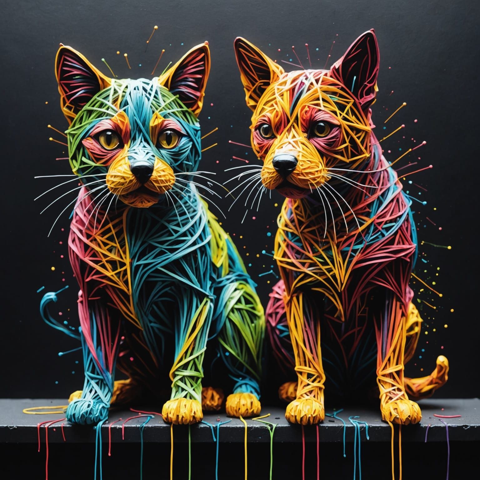 Colorful String Art Cat and Dog Graffiti