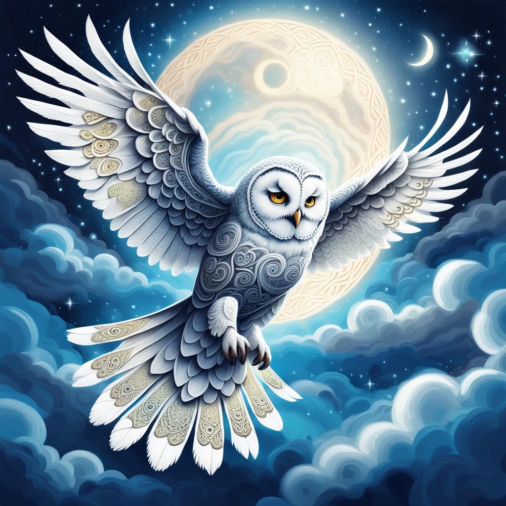 Celtic Owl Soaring Through Starry Night Sky