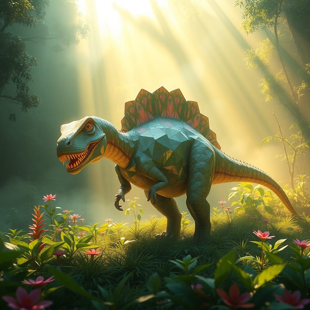 Faceted Gemstone Dinosaur in Vibrant Emerald Meadow