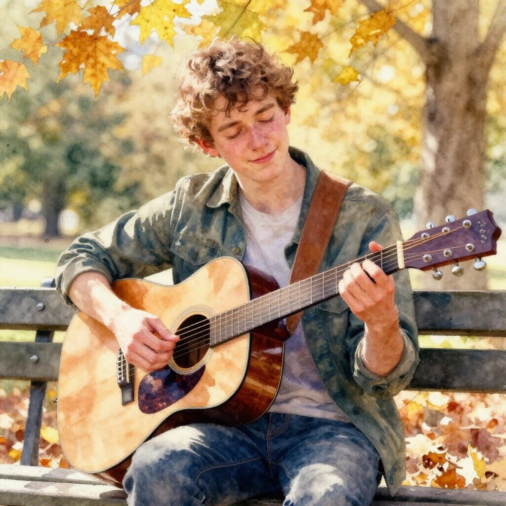 Musician Lost in Melody on Autumn Park Bench