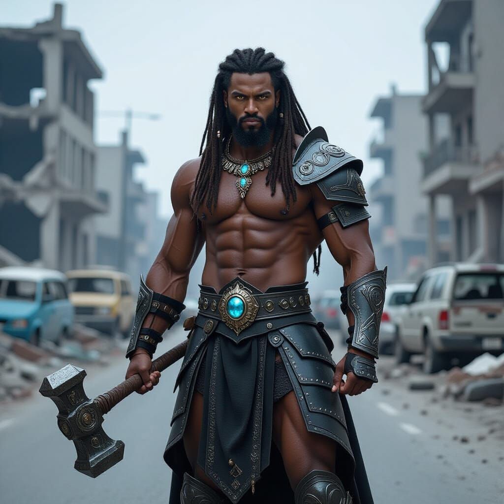 Devastated Cityscape Warrior in Digital Matte Painting Style